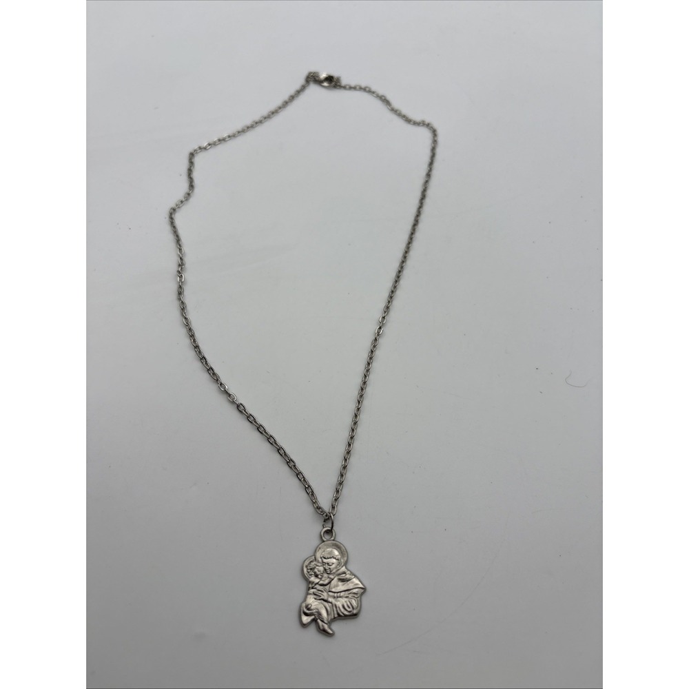 Religious St Anthony Medal 22 Necklace Silver Tone Pray For Us Pendant Christian